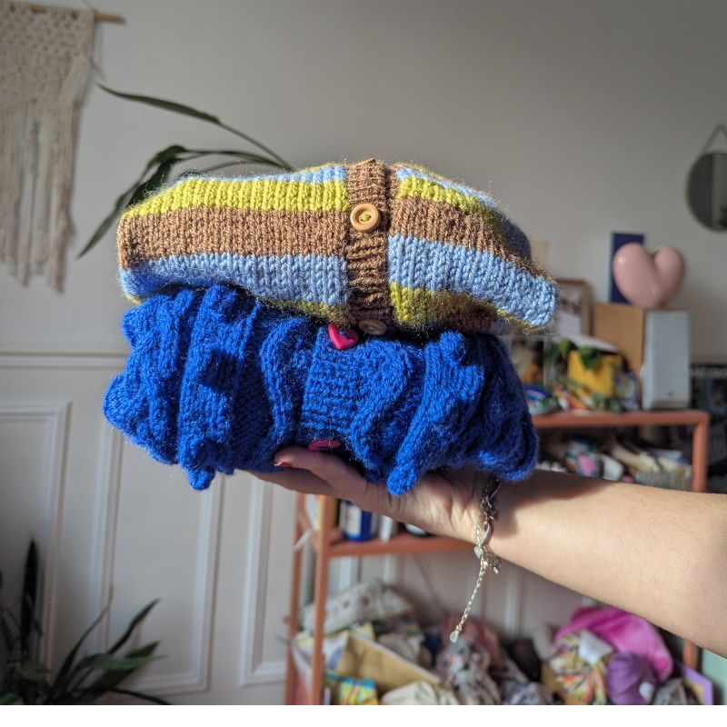Close-up on cable pattern of Twist and Shout child’s cardigan